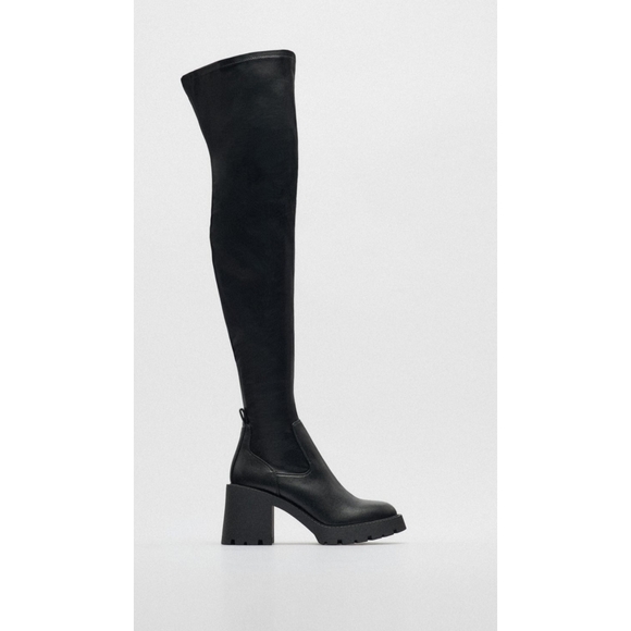 ZARA OVER THE KNEE LUG SOLE BOOTS BLACK SIZE 38 FAUX LEATHER - Picture 3 of 7